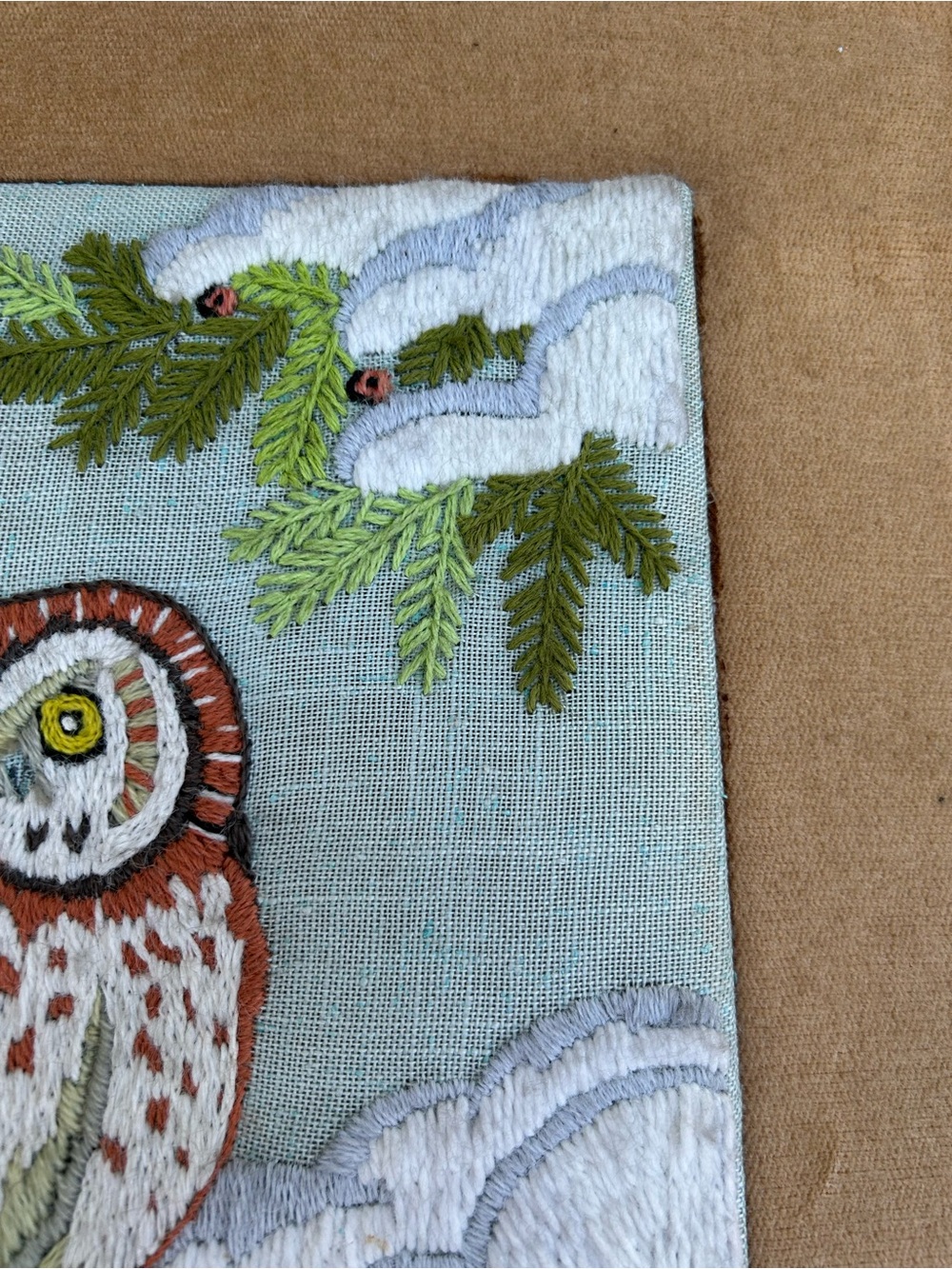 Vintage Art Crewel Owl Framed Embroidery Handmade Winter Cottagecore 18.5x23.5 - Picture 5 of 13